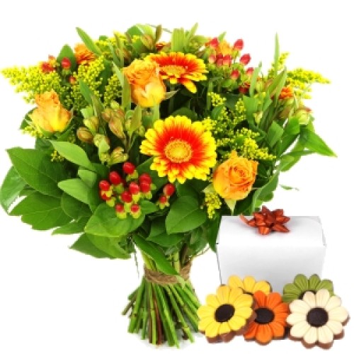 Bouquet orange yellow + chocolate flowers (Good job bouquet worth + 140 grams of chocolate)